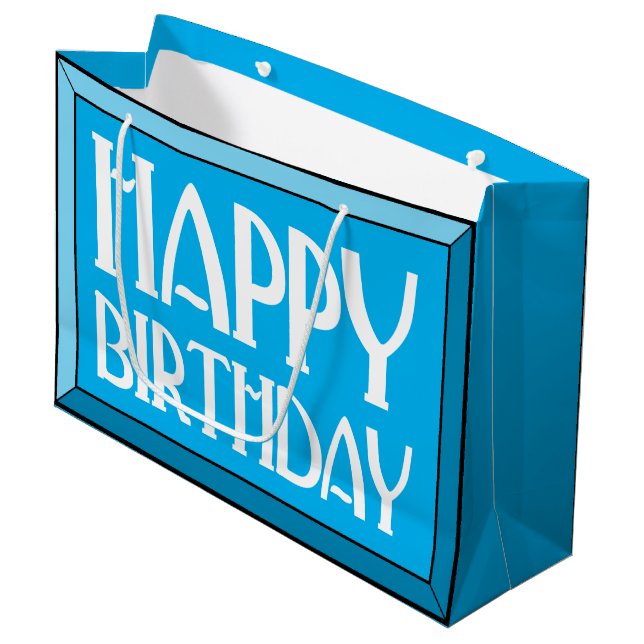 Blue Beveled Happy Birthday Art Deco Large Gift Bag (Front Angled)