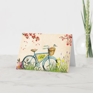 Blue Bicycle Basket Of Flowers & Yellow Bird Card