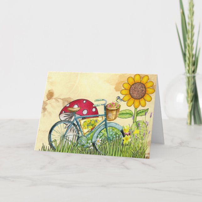Blue Bicycle Sunflower Red Mushroom Yellow Bird Card (Front)