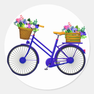 Blue Bicycle With Basket Of Flowers - Sticker