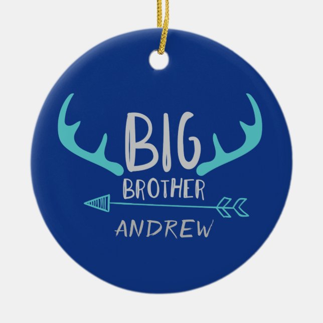 Blue Big Brother Antler Personalised Arrow Ceramic Ornament (Front)