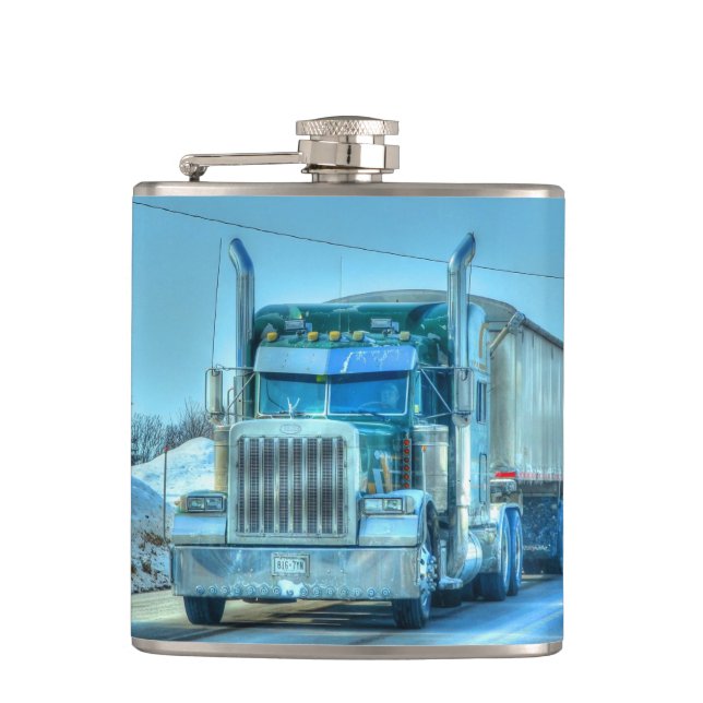 Blue Big Rig Truckers Lorry & Highway Truck Hip Flask (Front)