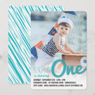 Blue Big Sketch One Baby Boy First Birthday Party Invitation