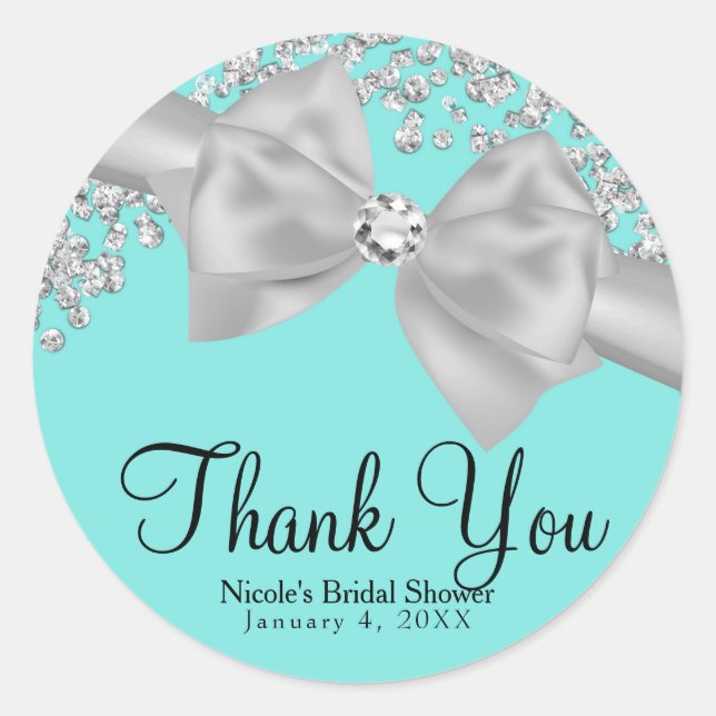 Blue Big White Bow Diamonds Bridal Shower Classic Round Sticker (Front)