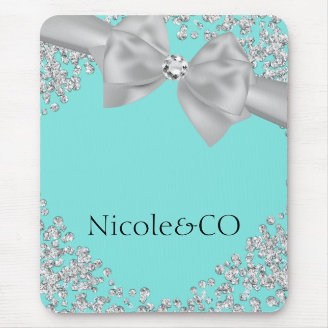 Blue Big White Bow Diamonds Glam Custom Mouse Pad (Front)
