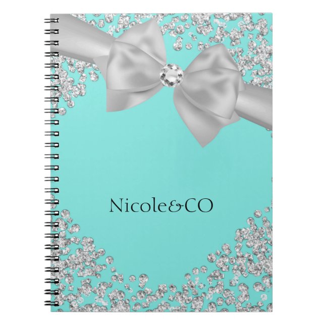 Blue Big White Bow Diamonds Glam Custom Notebook (Front)