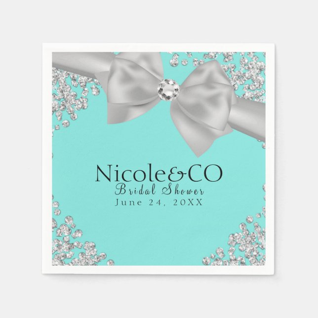 Blue Big White Bow Diamonds Glam Party Napkin (Front)