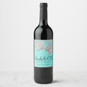 Blue Big White Bow Diamonds Glam Wine Label