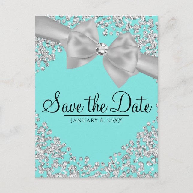 Blue Big White Bow Diamonds Save the Date Announcement Postcard (Front)
