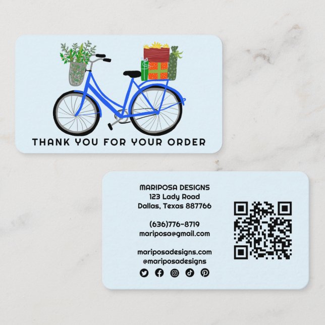 Blue Bike Gifts Customer Order Thank You QR Code  Business Card (Front/Back)