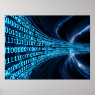 Blue Binary Code Matrix on Computer Screen Poster