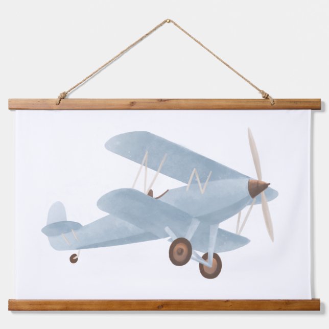 Blue Biplane Nursery Decor Hanging Tapestry (Front)