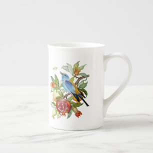 Blue Bird Among Pomegranates Watercolor Botanical Bone China Mug