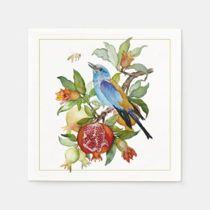 Blue Bird Among Pomegranates Watercolor Botanical Napkin