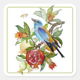 Blue Bird Among Pomegranates Watercolor Botanical Square Sticker