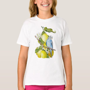 Blue Bird Among Pomegranates Watercolor Botanical T-Shirt