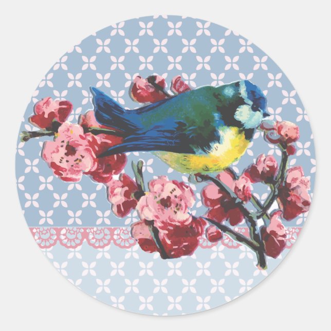 Blue Bird and Cherry Blossom Classic Round Sticker (Front)