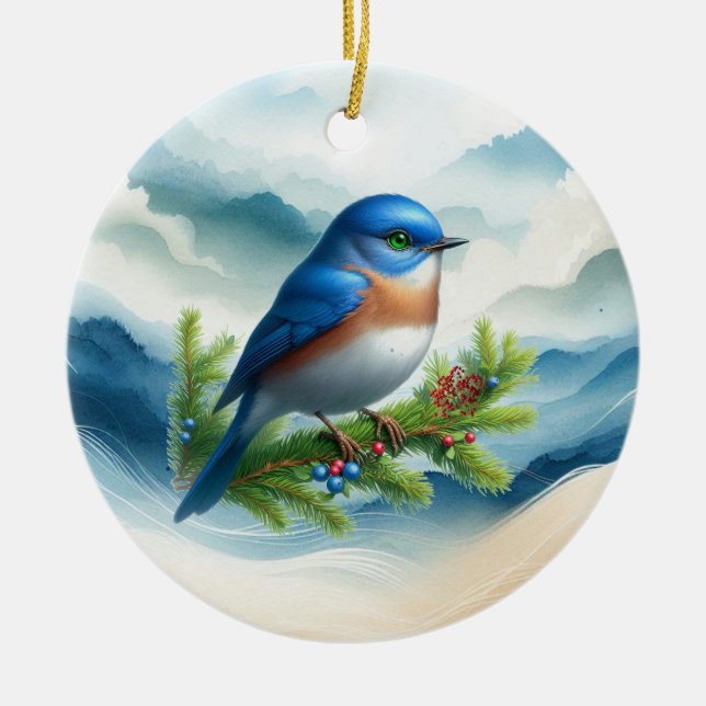 Blue Bird and Holiday Boughs  Ceramic Ornament (Front)