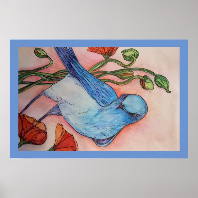blue bird and poppies poster (Front)