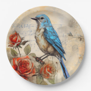 Blue bird and Roses 1 Paper Plate