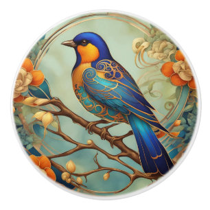 Blue Bird Art Nouveau Art Deco Orange & Mint Ceramic Knob