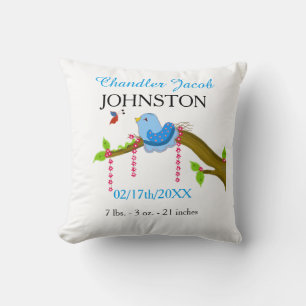 Blue Bird Baby Birth Announcement Cushion
