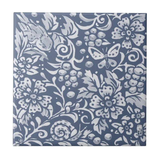 Blue Bird Butterfly Snail Berries Woodland Faces R Ceramic Tile (Front)
