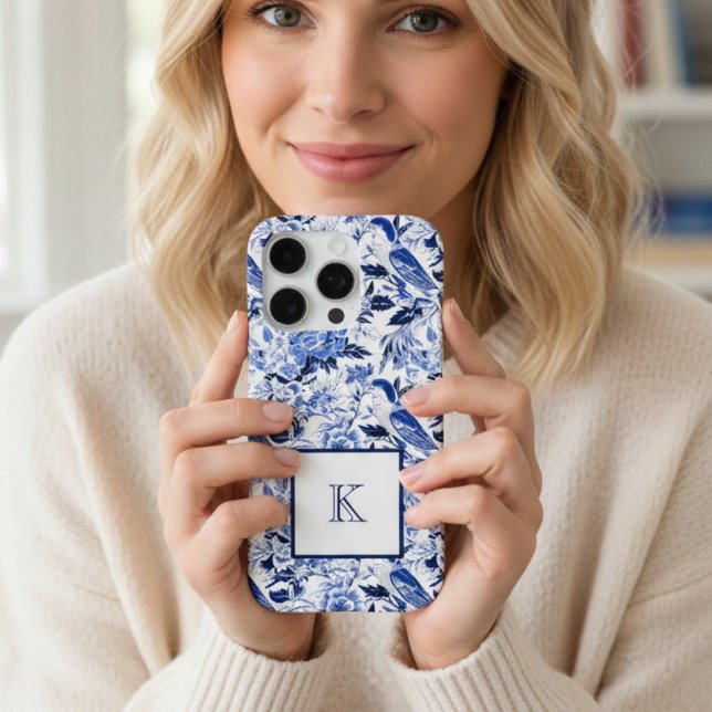 Blue Bird Chinoiserie Monogram  iPhone Case (Creator Uploaded)