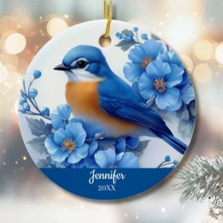 Blue Bird Floral Christmas North American Eastern Ceramic Ornament