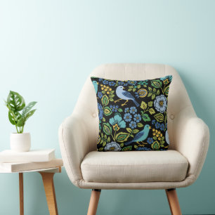 Blue Bird Floral on Black Throw Pillow