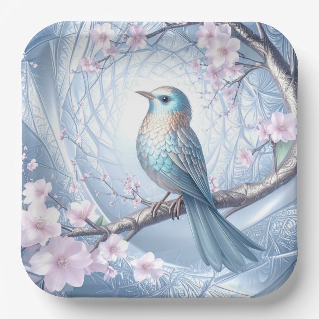Blue Bird Floral Paper Plate (Front)