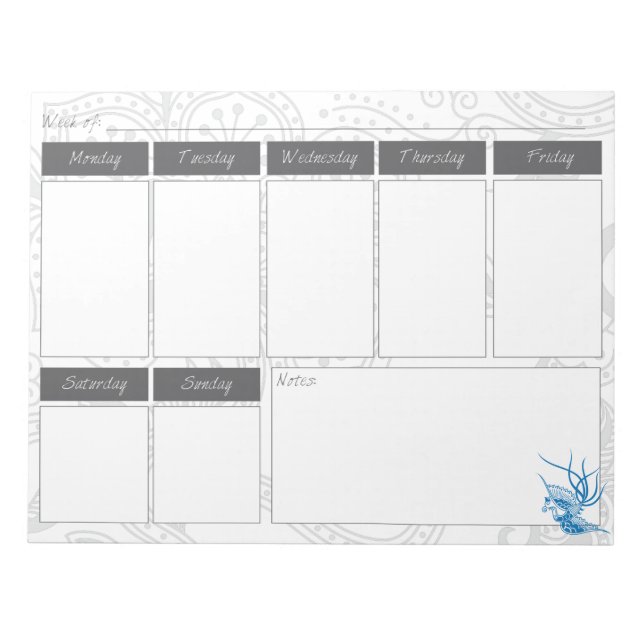 Blue Bird & Floral Pattern Weekly Calendar Notepad (Front)