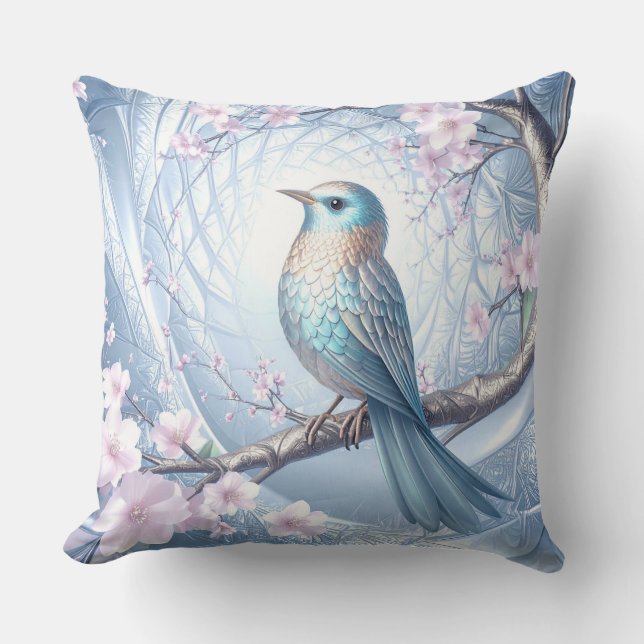 Blue Bird Floral Throw Pillow (Front)