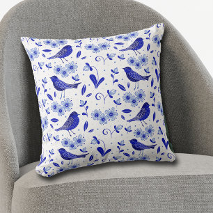 Blue Bird Folk Art Pattern Cushion