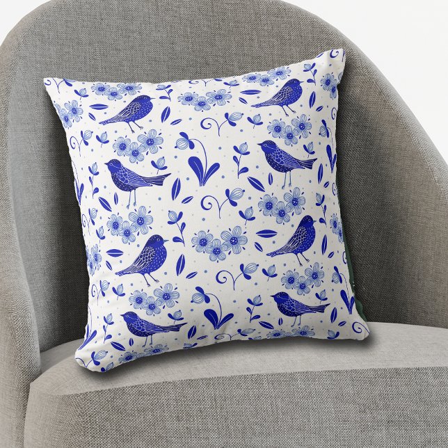 Blue Bird Folk Art Pattern Cushion (Creator Uploaded)