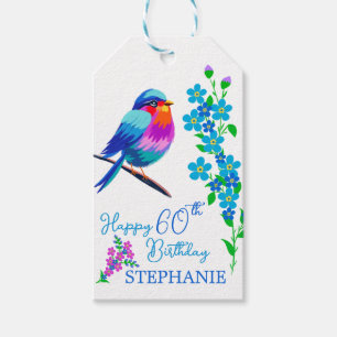 Blue Bird Forget Me Not Floral 60th Birthday Party Gift Tags
