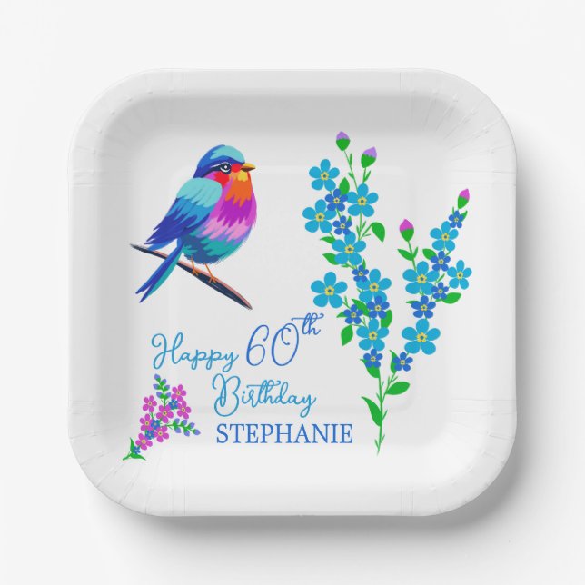 Blue Bird Forget Me Not Floral 60th Birthday Party Paper Plate (Front)