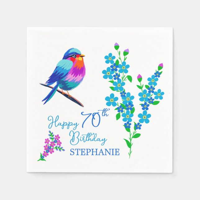 Blue Bird Forget Me Not Floral 70th Birthday Party Napkin (Front)