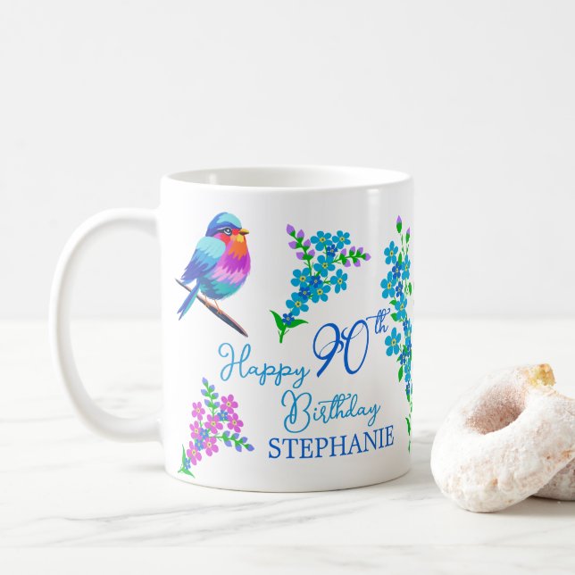 Blue Bird Forget Me Not Floral 90th Birthday Coffee Mug (With Donut)