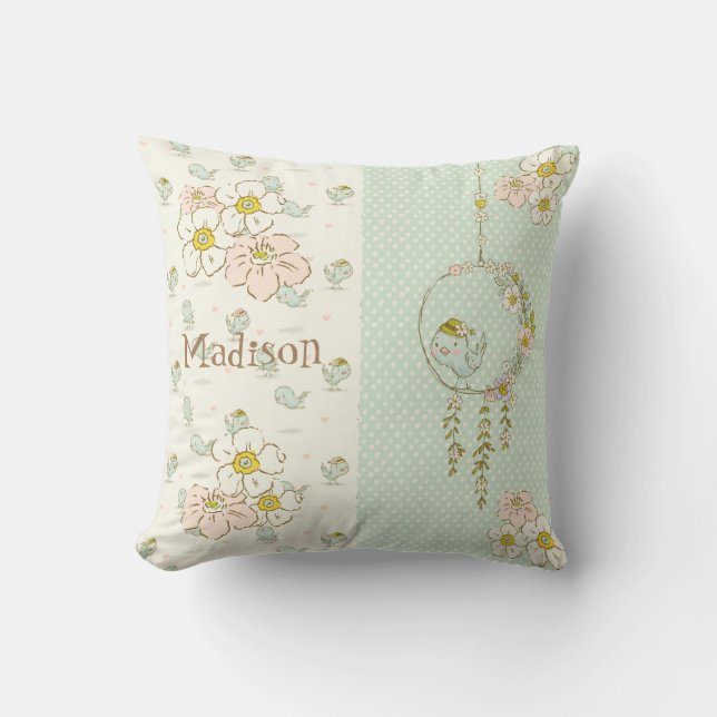 Blue Bird Girl Floral Rustic Name Nursery Cushion (Front)