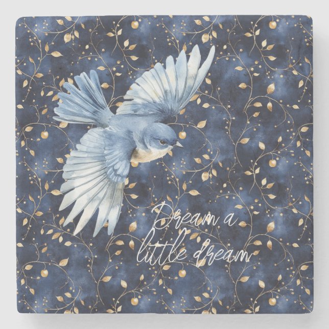 Blue Bird Gold Leaves Dream Stone Coaster (Front)