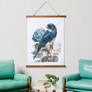 Blue Bird Hydrangeas Watercolor Florals Flowers Hanging Tapestry