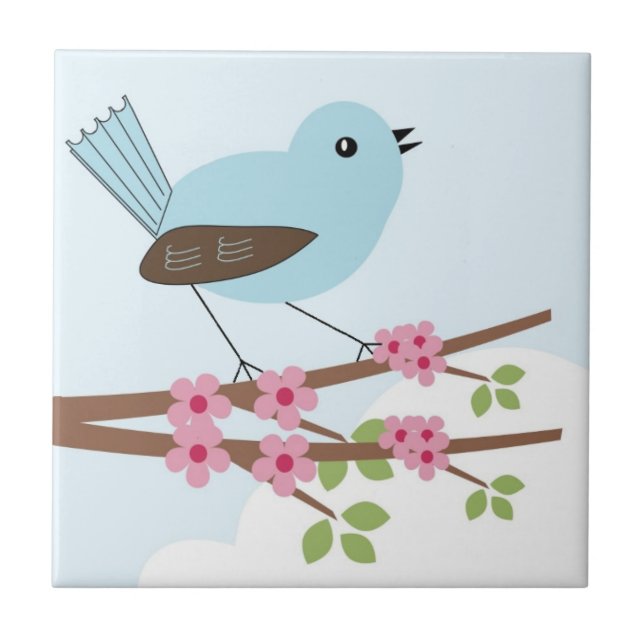 Blue Bird in Blossom Tree Ceramic Tile (Front)