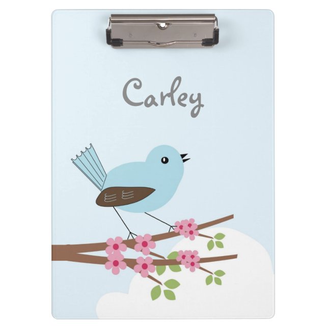 Blue Bird in Blossom Tree Personalised Cute Clipboard (Front)