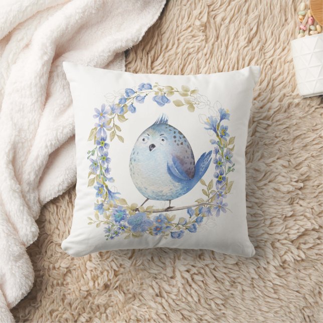 Blue bird in floral wreath cushion (Blanket)