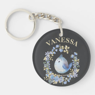 Blue bird in floral wreath custom keychain