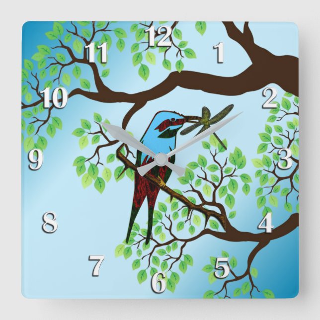 Blue Bird in Trees Blue Sky Square Wall Clock (Front)