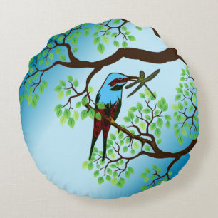 Blue Bird in Trees Round Cushion