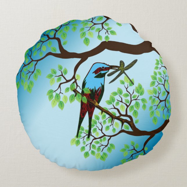 Blue Bird in Trees Round Cushion (Back)