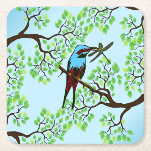 Blue Bird in Trees Square Paper Coaster
